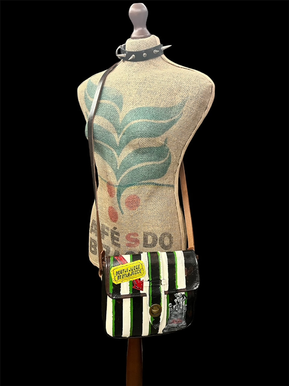 Beetlejuice, Up-Cycled Leather Painted Bag. Hand Painted Fan Art Bag. Over Shoulder Bag.