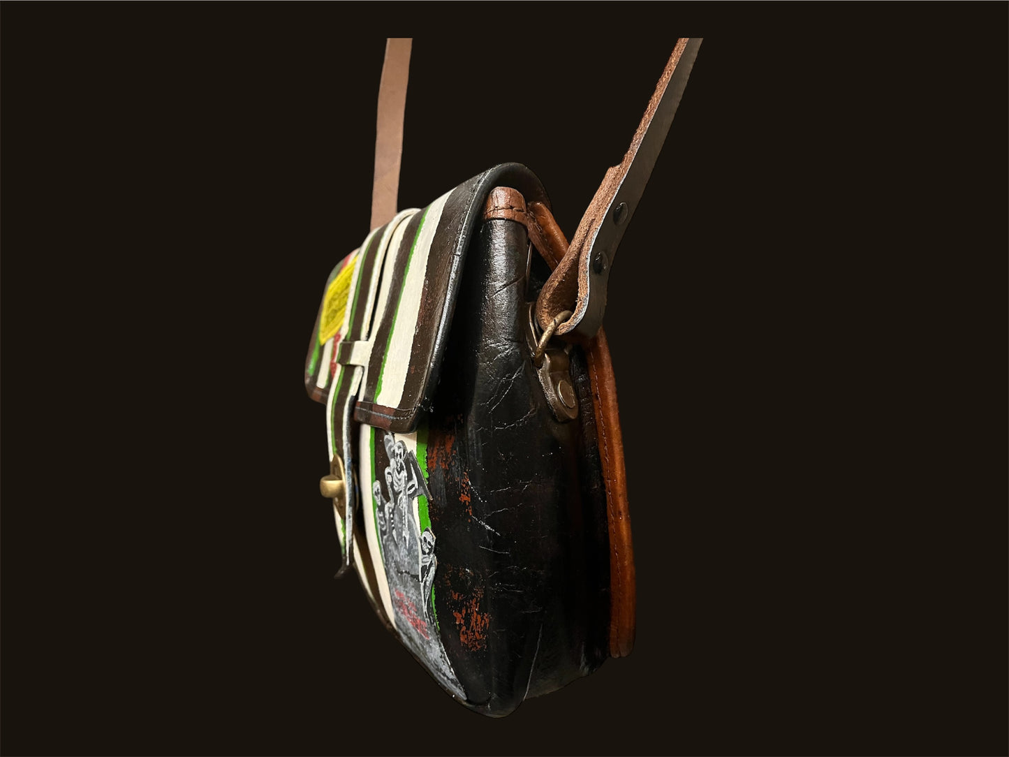 Beetlejuice, Up-Cycled Leather Painted Bag. Hand Painted Fan Art Bag. Over Shoulder Bag.