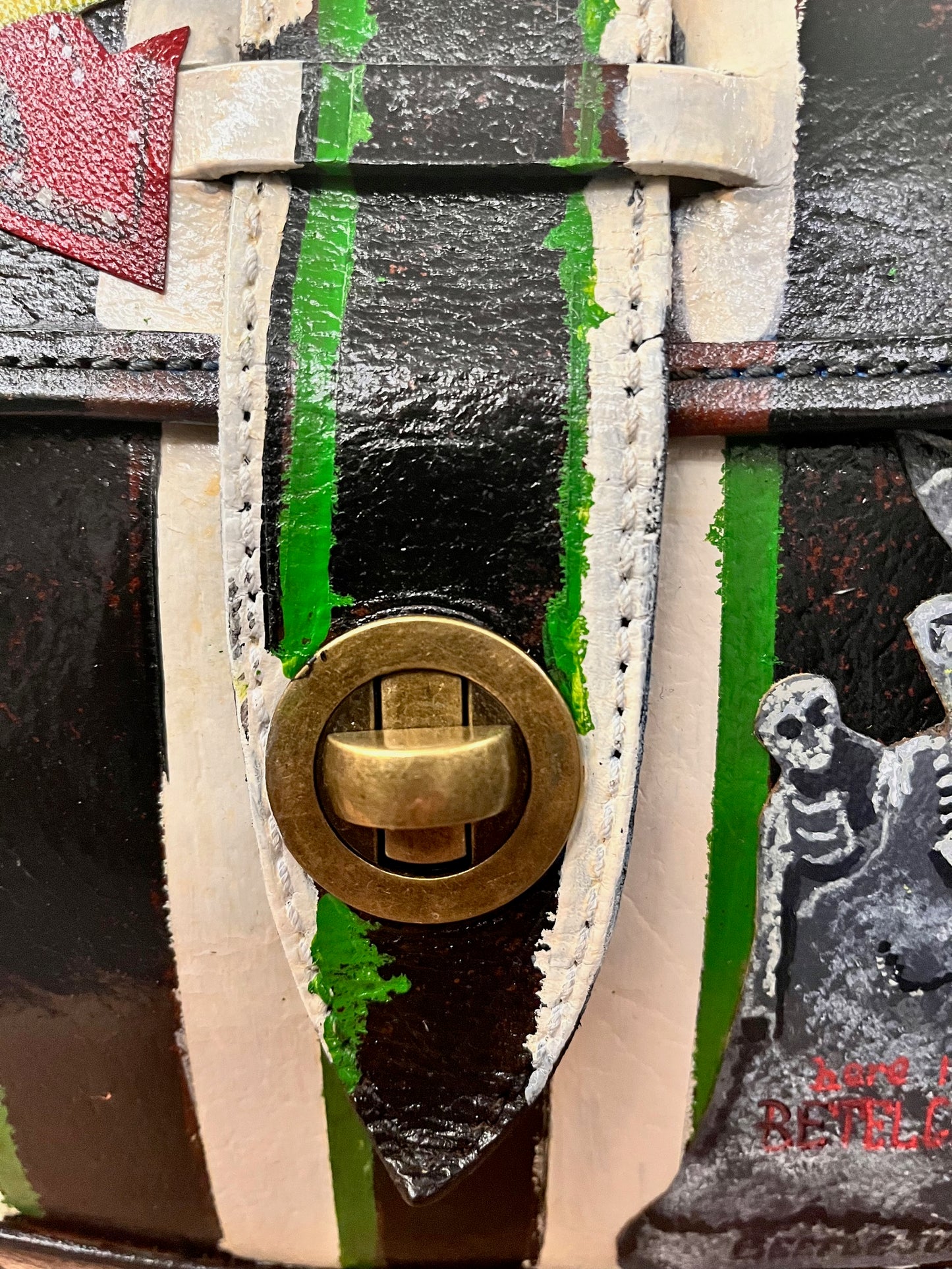 Beetlejuice, Up-Cycled Leather Painted Bag. Hand Painted Fan Art Bag. Over Shoulder Bag.
