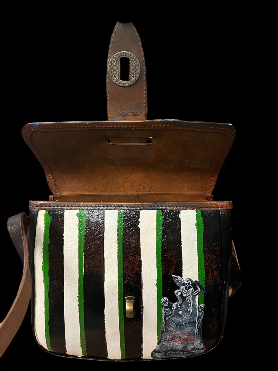 Beetlejuice, Up-Cycled Leather Painted Bag. Hand Painted Fan Art Bag. Over Shoulder Bag.
