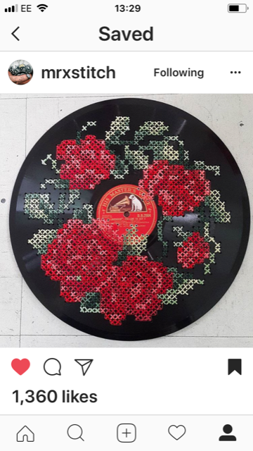 Musical Blooms. Upcycled Cross Stitched Vinyl Record