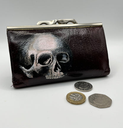 Upcycled Vintage Ox Blood Ladies Purse With Leather Painting of a Skull