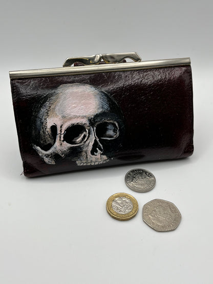 Upcycled Vintage Ox Blood Ladies Purse With Leather Painting of a Skull