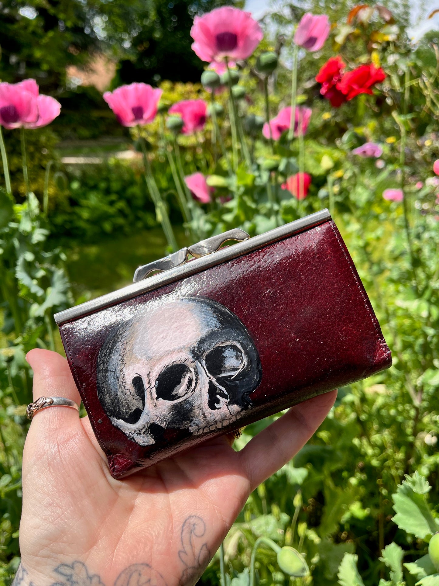 Upcycled Vintage Ox Blood Ladies Purse With Leather Painting of a Skull