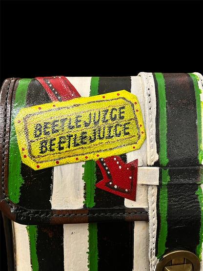 Beetlejuice, Up-Cycled Leather Painted Bag. Hand Painted Fan Art Bag.  Over Shoulder Bag.