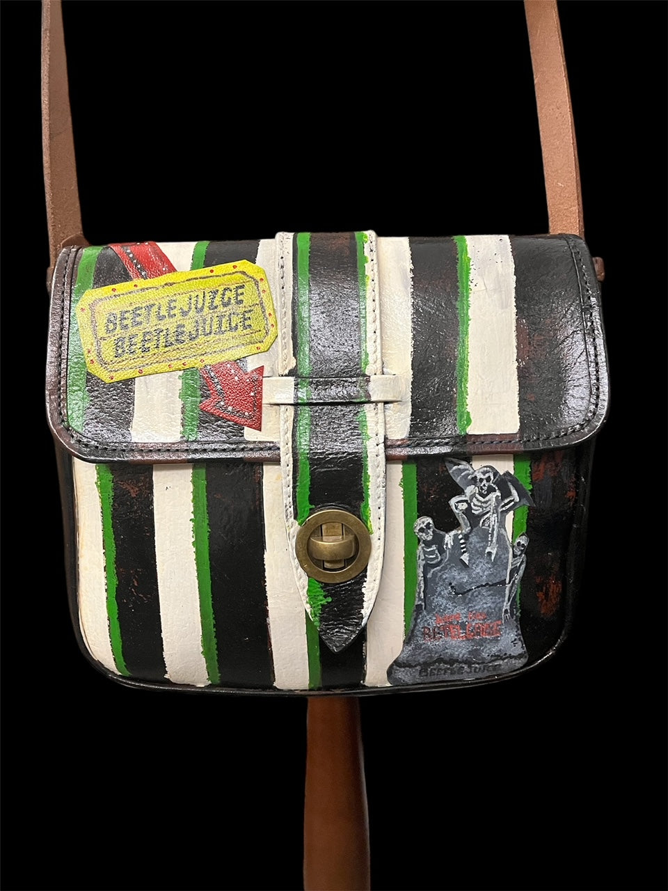 Beetlejuice, Up-Cycled Leather Painted Bag. Hand Painted Fan Art Bag.  Over Shoulder Bag.