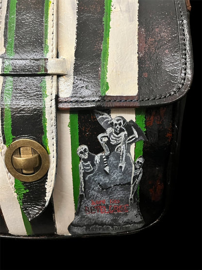 Beetlejuice, Up-Cycled Leather Painted Bag. Hand Painted Fan Art Bag.  Over Shoulder Bag.