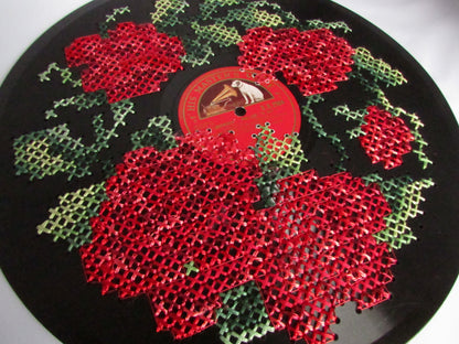 Musical Blooms. Upcycled Cross Stitched Vinyl Record