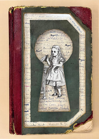 Alice In Wonderland , Through the Keyhole Wall Hanging Altered Book Art/ Book Carving Kintsugi Edition.