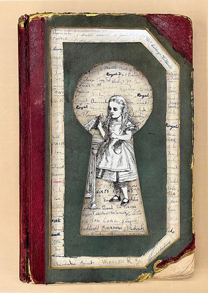Alice In Wonderland , Through the Keyhole Wall Hanging Altered Book Art/ Book Carving Kintsugi Edition.