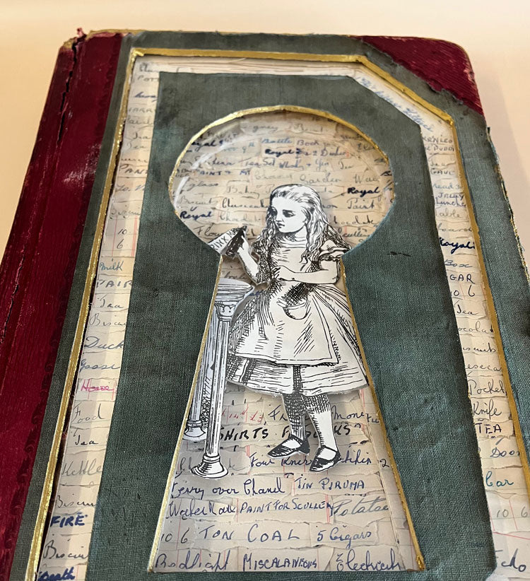 Alice In Wonderland , Through the Keyhole Wall Hanging Altered Book Art/ Book Carving Kintsugi Edition.