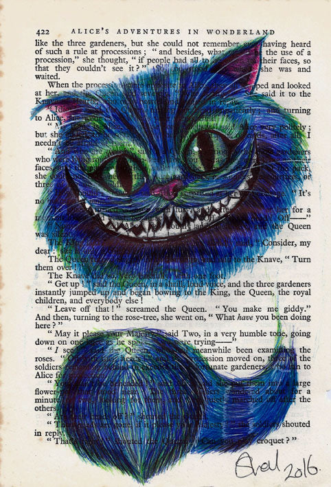 Cheshire Cat Biro Art Print A4 With White Card Mount.