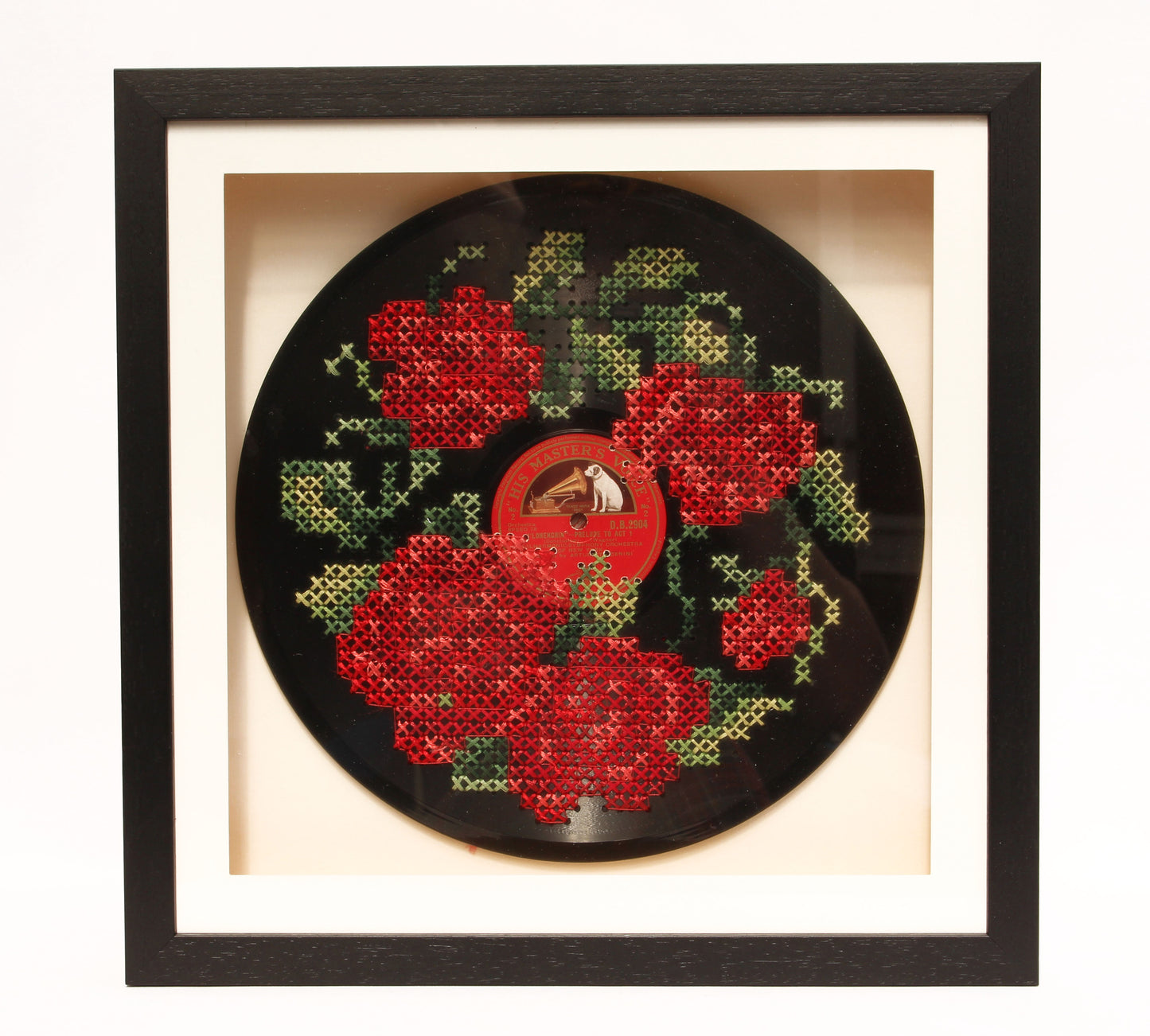 Musical Blooms. Upcycled Cross Stitched Vinyl Record