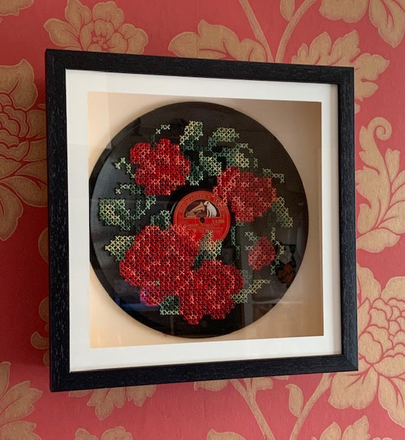 Musical Blooms. Upcycled Cross Stitched Vinyl Record