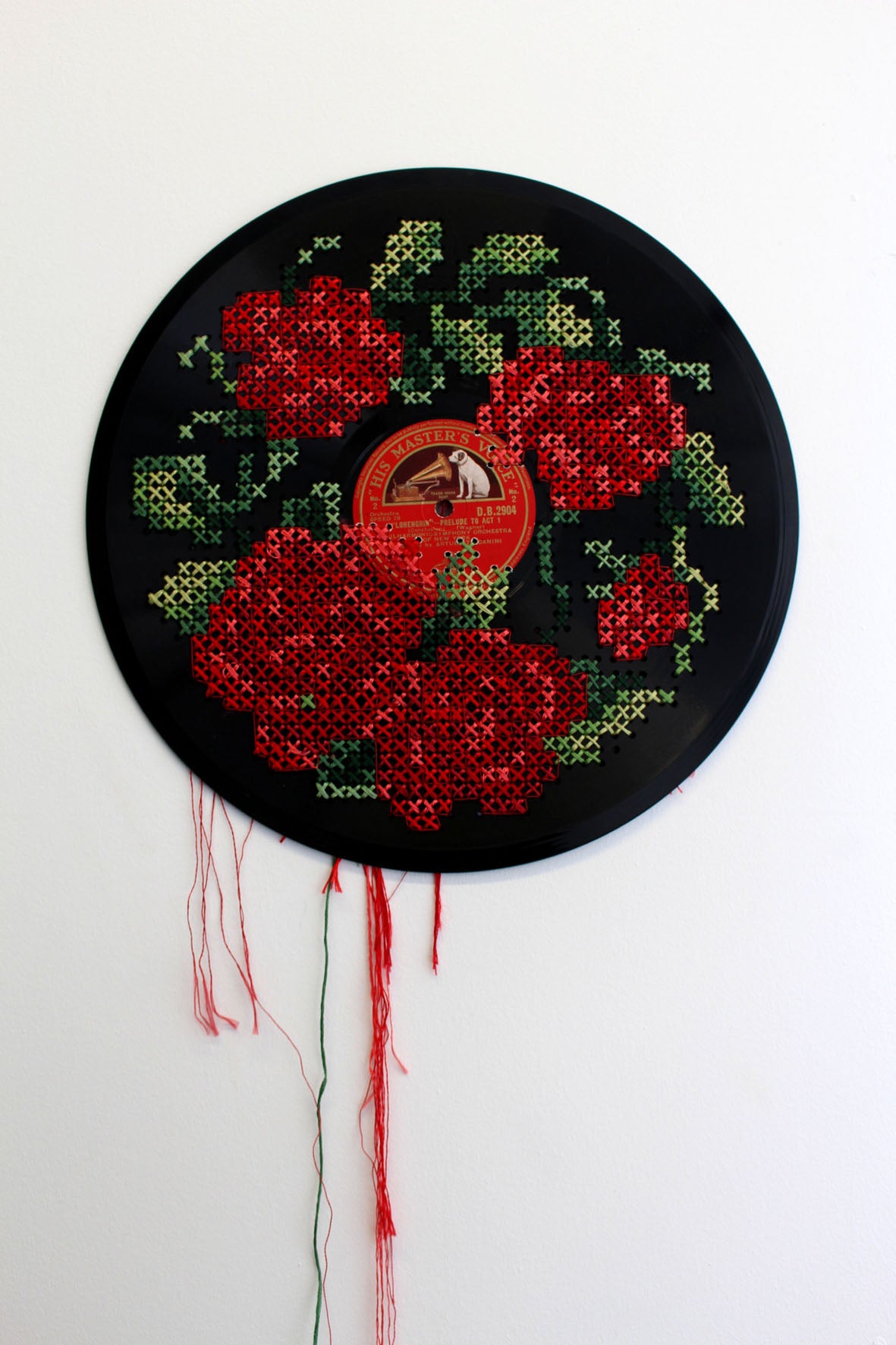 Musical Blooms. Upcycled Cross Stitched Vinyl Record