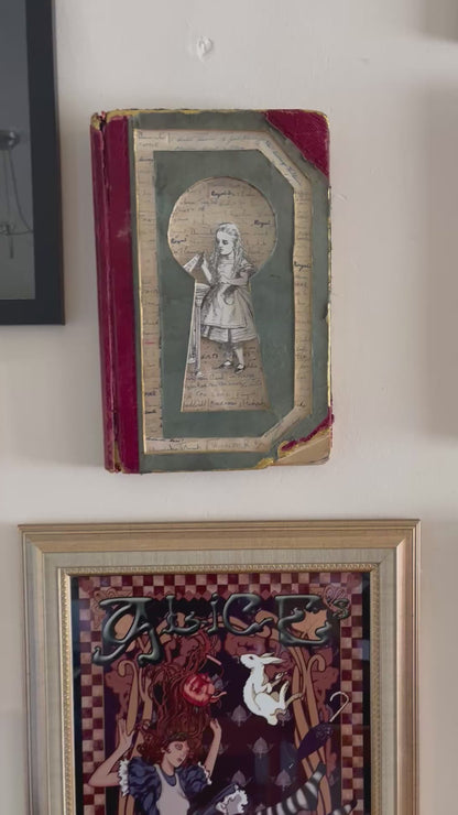 Alice In Wonderland , Through the Keyhole Wall Hanging Altered Book Art/ Book Carving Kintsugi Edition.