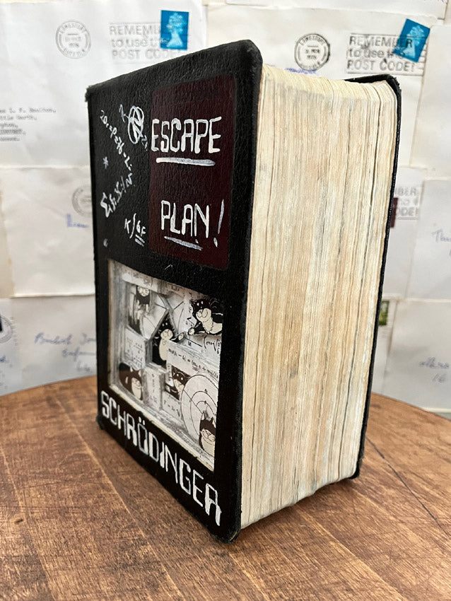 Schrödinger's Escape Plan.  Altered Book / Book Carving Schrödinger's Cat