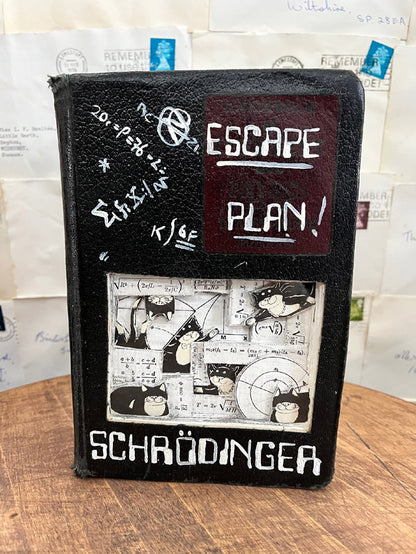 Schrödinger's Escape Plan.  Altered Book / Book Carving Schrödinger's Cat