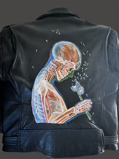 Hand Painted X-ray Skeleton With Flowers on a Vintage Unisex Leather Motorbike Jacket.